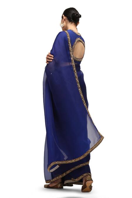 Mimamsaa Blue Munga Silk Embroidered Sequin Closed Neck Charulata Blouse Online at Aza Fashions Mimamsaa_Blue Munga Silk Embroidered Sequin Closed Neck Charulata Blouse _Online_at_Aza_Fashions