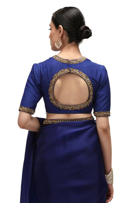 Buy Mimamsaa Blue Munga Silk Embroidered Sequin Closed Neck Charulata Blouse Online at Aza Fashions Buy_Mimamsaa_Blue Munga Silk Embroidered Sequin Closed Neck Charulata Blouse _Online_at_Aza_Fashions