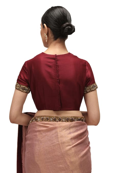 Shop_Mimamsaa_Pink Silk, Muslin Sequins Collared Chitrani Embroidered Saree With Blouse _at_Aza_Fashions