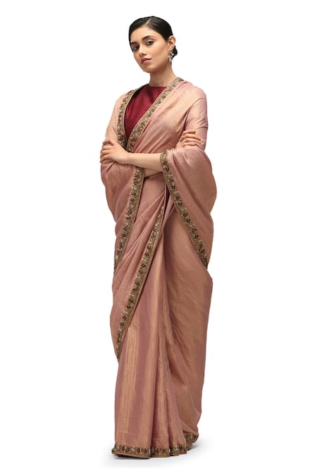Mimamsaa_Pink Silk, Muslin Sequins Collared Chitrani Embroidered Saree With Blouse _Online_at_Aza_Fashions