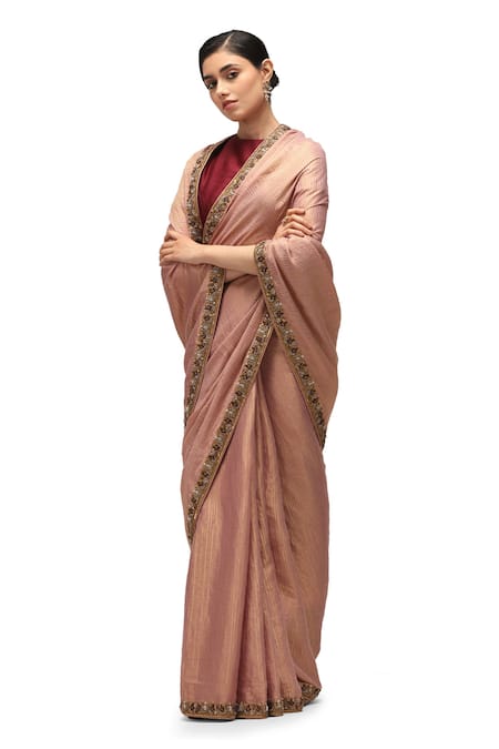 Buy_Mimamsaa_Pink Silk, Muslin Sequins Collared Chitrani Embroidered Saree With Blouse _Online_at_Aza_Fashions