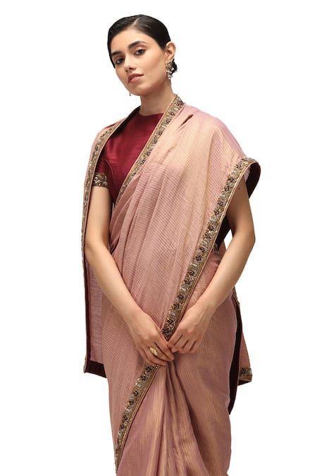 Shop_Mimamsaa_Pink Silk, Muslin Sequins Collared Chitrani Embroidered Saree With Blouse _Online_at_Aza_Fashions