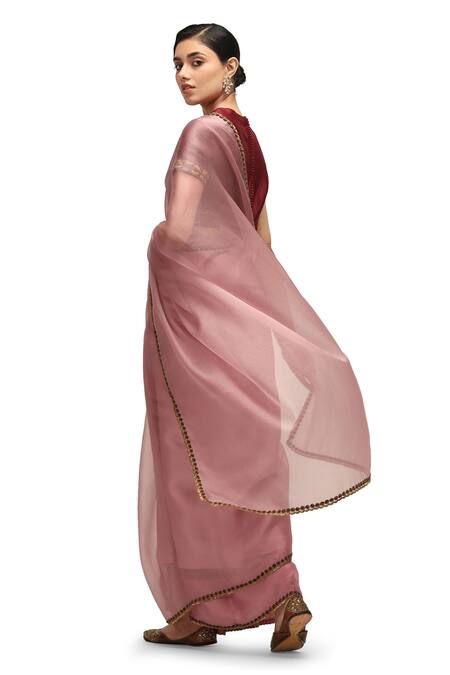 Mimamsaa_Pink Silk, Muslin Sequins Collared Chitrani Embroidered Saree With Blouse _at_Aza_Fashions