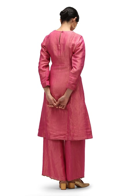 Shop_Mimamsaa_Fuchsia Muslin, Organza, Maheshwari Sequins, Dhriti Striped Woven Kurta Pant Set _at_Aza_Fashions