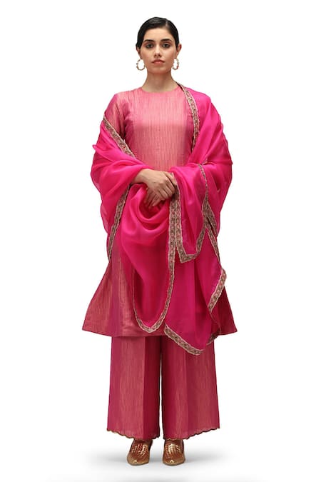 Shop_Mimamsaa_Fuchsia Organza Silk Embroidered Sequin Dhriti Border Dupatta _at_Aza_Fashions