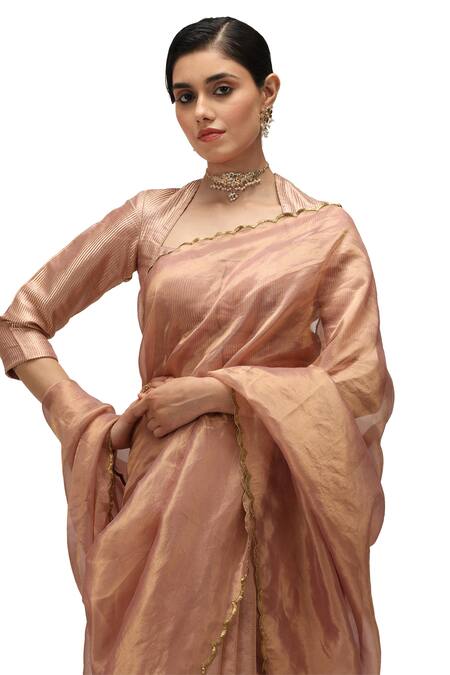 Shop_Mimamsaa_Pink Satin, Silk Sequins, Embroidery Square Neck Gargi Saree With Blouse 