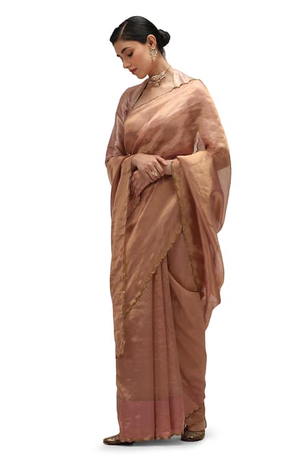 Mimamsaa Pink Tissue Silk Embroidered Sequin Gargi Saree With Running Blouse