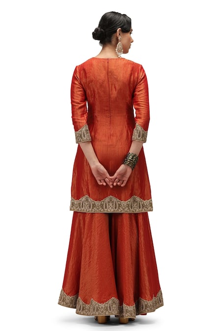 Shop Mimamsaa Red Maheshwari, Tissue, Muslin Embroidery, Sequins Hamsika Kurta Sharara Set at Aza Fashions Shop_Mimamsaa_Red Maheshwari, Tissue, Muslin Embroidery, Sequins Hamsika Kurta Sharara Set _at_Aza_Fashions