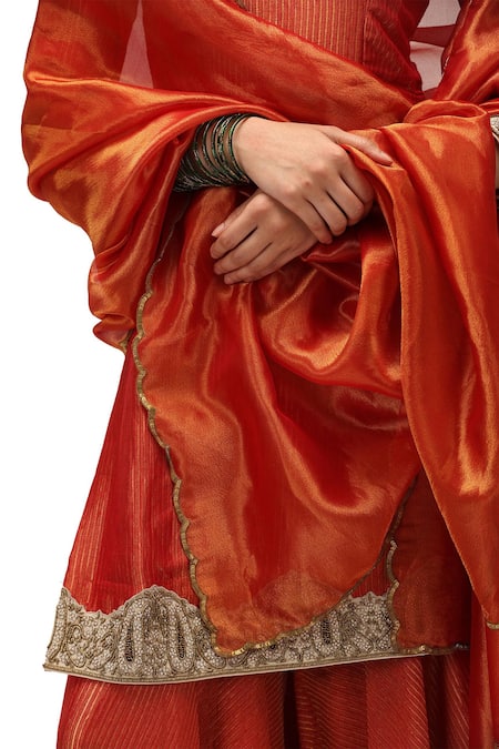 Shop_Mimamsaa_Red Tissue Silk Embroidered Sequin Hamsika Border Dupatta _at_Aza_Fashions