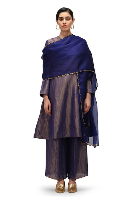 Mimamsaa Blue Kurta And Pant  Munga Silk Embroidered Sequin Round Harini A-line Set