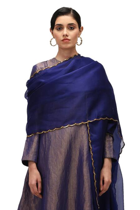 Mimamsaa_Blue Organza Silk Embroidered Sequin Harini Border Dupatta _Online_at_Aza_Fashions