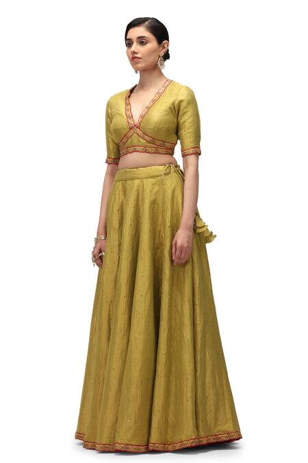 Mimamsaa Green Muslin, Tissue Sequins V-neck Indira Embroidered Lehenga Blouse Set Online at Aza Fashions Mimamsaa_Green Muslin, Tissue Sequins V-neck Indira Embroidered Lehenga Blouse Set _Online_at_Aza_Fashions
