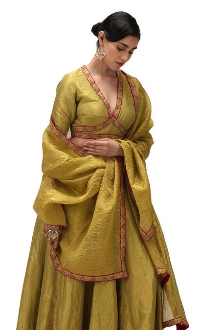 Shop Mimamsaa Green Muslin, Tissue Sequins V-neck Indira Embroidered Lehenga Blouse Set Online at Aza Fashions Shop_Mimamsaa_Green Muslin, Tissue Sequins V-neck Indira Embroidered Lehenga Blouse Set _Online_at_Aza_Fashions