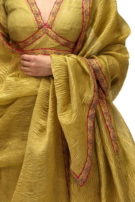 Mimamsaa Green Muslin, Tissue Sequins V-neck Indira Embroidered Lehenga Blouse Set at Aza Fashions Mimamsaa_Green Muslin, Tissue Sequins V-neck Indira Embroidered Lehenga Blouse Set _at_Aza_Fashions