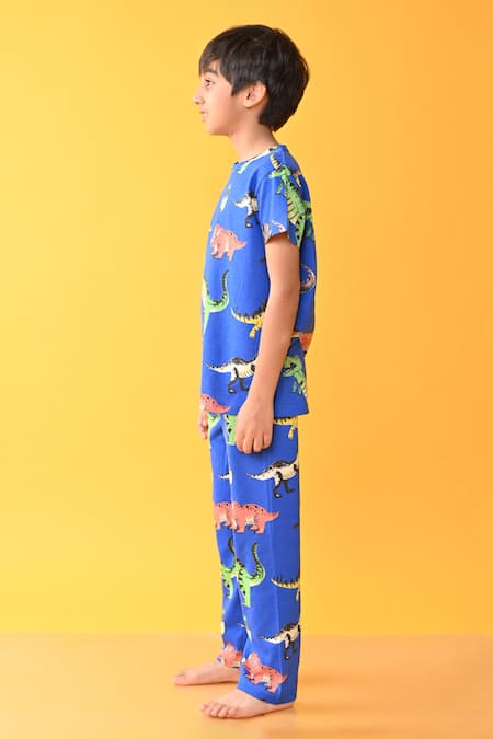 Anthrilo_Blue Cotton Dinosaur Print T-shirt And Pyjama Set _Online_at_Aza_Fashions