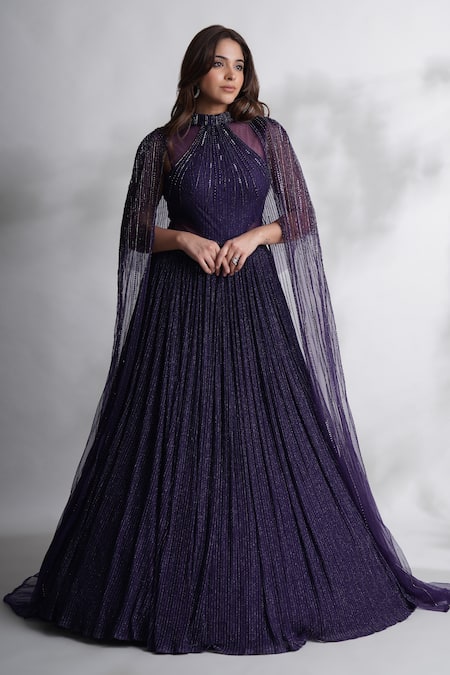 Chaashni by Maansi and Ketan Purple Net Embroidered Cut Dana Cape Open Stone Embellished With Cut-out Gown