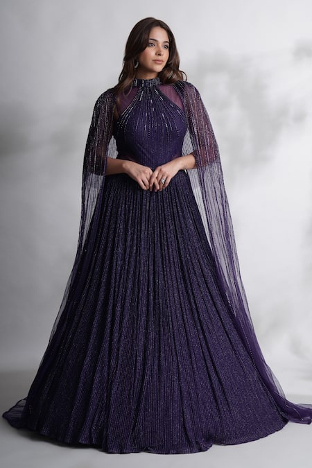 Chaashni by Maansi and Ketan Purple Net Embroidered Cut Dana Cape Open Stone Embellished With Cut-out Gown 