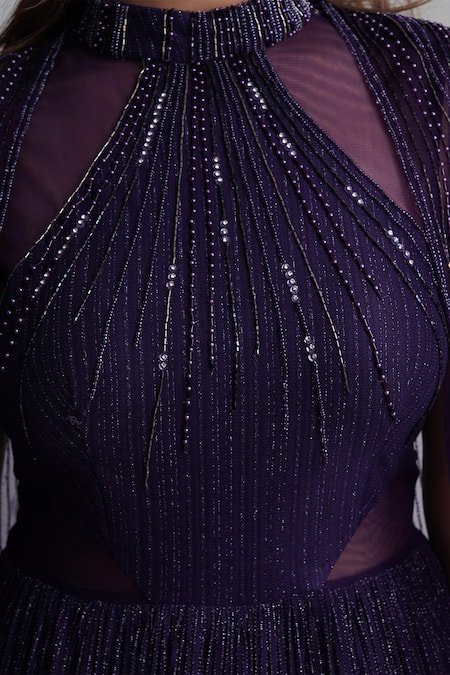 Chaashni By Maansi And Ketan_Purple Net, Lycra Sequins, Stones Cutdana Embellished Cape With Cut-out Gown_Online_at_Aza_Fashions