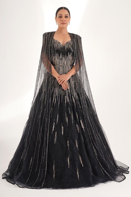 Chaashni by Maansi and Ketan Black Net Embellished Sequins Cape Open Cutdana Stripe With Gown 