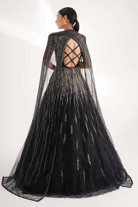 Chaashni By Maansi And Ketan Cutdana Stripe Embellished Cape With Sequined Gown 