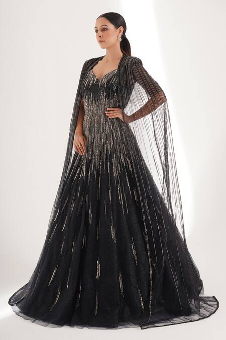 Buy_Chaashni By Maansi And Ketan_Black Net Sequins, Beads Sweetheart Cutdana Stripe Embellished Cape With Gown _Online_at_Aza_Fashions