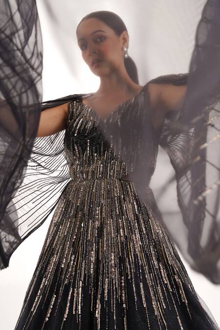 Shop_Chaashni By Maansi And Ketan_Black Net Sequins, Beads Sweetheart Cutdana Stripe Embellished Cape With Gown _Online_at_Aza_Fashions