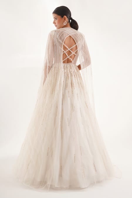 Chaashni By Maansi And Ketan Stripe Cutdana Embellished Cape With Sequined Cut-Out Gown 