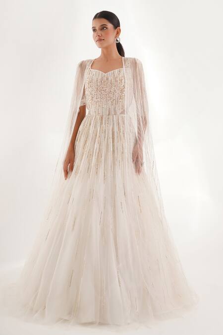 Buy_Chaashni By Maansi And Ketan_White Net, Gingham Sequins, Stripe Cutdana Embellished Cape With Cut-out Gown _Online_at_Aza_Fashions
