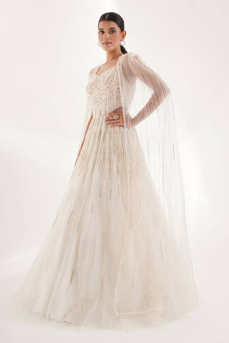 Shop_Chaashni By Maansi And Ketan_White Net, Gingham Sequins, Stripe Cutdana Embellished Cape With Cut-out Gown _Online_at_Aza_Fashions