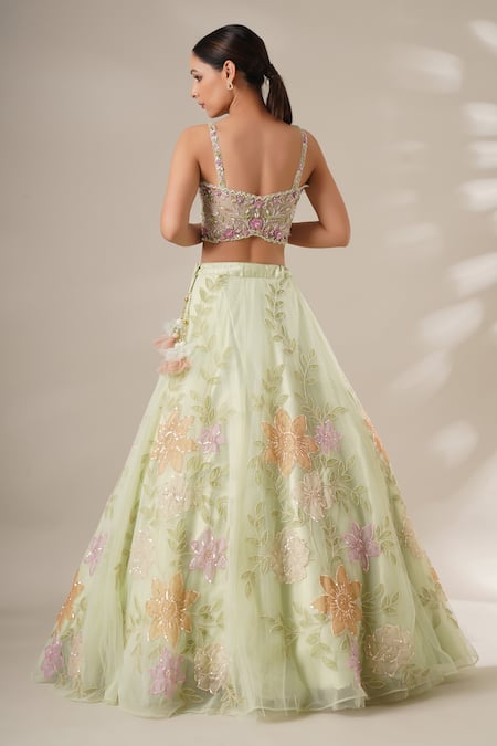 Shop_Chaashni By Maansi And Ketan_Green Net Sequins, Beads, Applique, Embellished Floral Vine Pattern Lehenga Set_at_Aza_Fashions