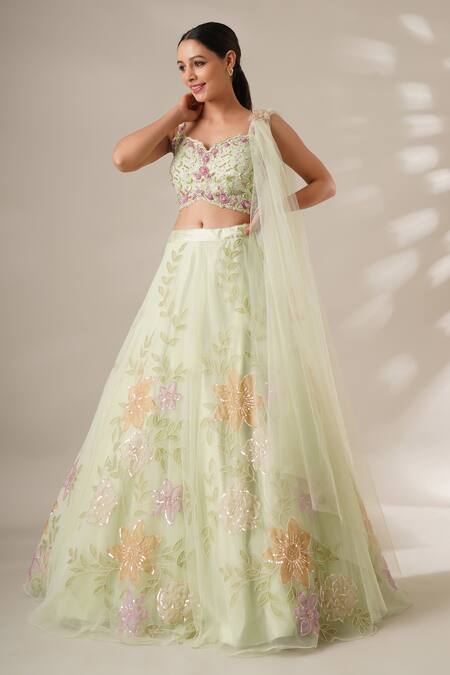 Chaashni By Maansi And Ketan_Green Net Sequins, Beads, Applique, Embellished Floral Vine Pattern Lehenga Set_Online_at_Aza_Fashions