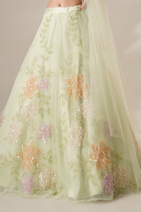 Buy Chaashni By Maansi And Ketan Green Net Sequins, Beads, Applique, Embellished Floral Vine Pattern Lehenga Set Online at Aza Fashions Buy_Chaashni By Maansi And Ketan_Green Net Sequins, Beads, Applique, Embellished Floral Vine Pattern Lehenga Set_Online_at_Aza_Fashions