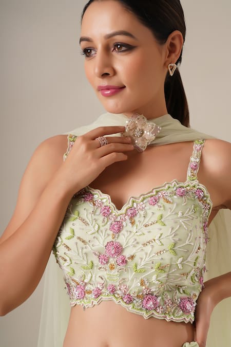 Shop_Chaashni By Maansi And Ketan_Green Net Sequins, Beads, Applique, Embellished Floral Vine Pattern Lehenga Set_Online_at_Aza_Fashions