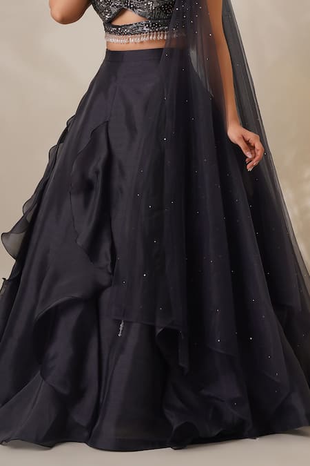 Chaashni By Maansi And Ketan_Grey Organza Sequins, Stones, Cut Frilled Lehenga Set With Embellished Blouse _Online_at_Aza_Fashions