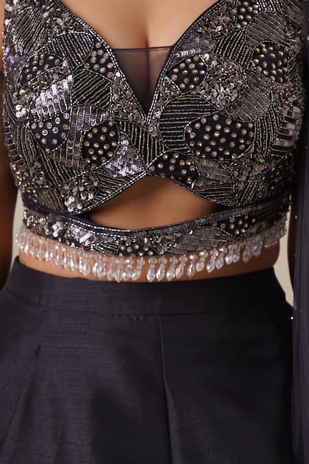 Shop_Chaashni By Maansi And Ketan_Grey Organza Sequins, Stones, Cut Frilled Lehenga Set With Embellished Blouse _Online_at_Aza_Fashions