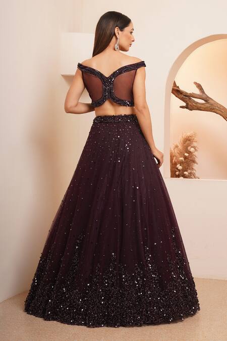 Shop_Chaashni By Maansi And Ketan_Wine Net Sequins, Pearls Off-shoulder Gradient Cutdana Embroidered Lehenga Set_at_Aza_Fashions