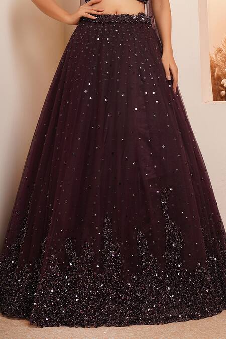 Chaashni By Maansi And Ketan Wine Net Sequins, Pearls Off-shoulder Gradient Cutdana Embroidered Lehenga Set Online at Aza Fashions Chaashni By Maansi And Ketan_Wine Net Sequins, Pearls Off-shoulder Gradient Cutdana Embroidered Lehenga Set_Online_at_Aza_Fashions