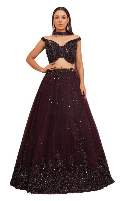 Buy Chaashni By Maansi And Ketan Wine Net Sequins, Pearls Off-shoulder Gradient Cutdana Embroidered Lehenga Set Online at Aza Fashions Buy_Chaashni By Maansi And Ketan_Wine Net Sequins, Pearls Off-shoulder Gradient Cutdana Embroidered Lehenga Set_Online_at_Aza_Fashions