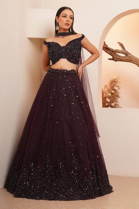 Shop_Chaashni By Maansi And Ketan_Wine Net Sequins, Pearls Off-shoulder Gradient Cutdana Embroidered Lehenga Set_Online_at_Aza_Fashions
