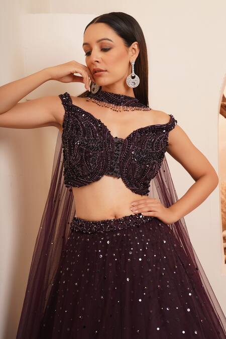 Chaashni By Maansi And Ketan_Wine Net Sequins, Pearls Off-shoulder Gradient Cutdana Embroidered Lehenga Set_at_Aza_Fashions