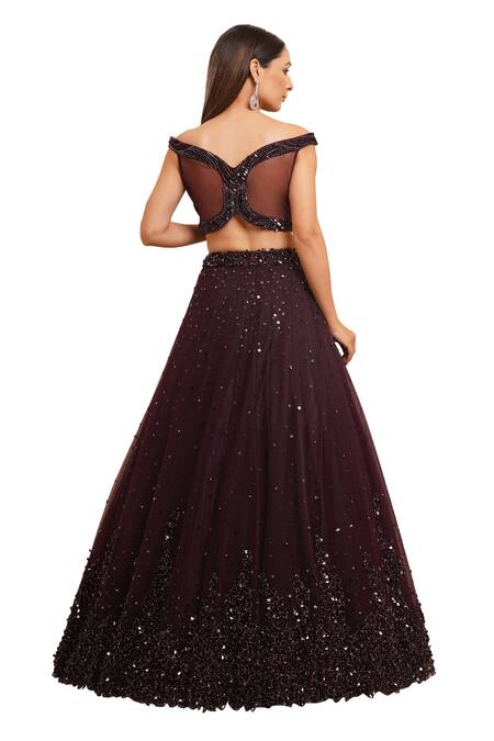 Buy Chaashni By Maansi And Ketan Wine Net Sequins, Pearls Off-shoulder Gradient Cutdana Embroidered Lehenga Set Buy_Chaashni By Maansi And Ketan_Wine Net Sequins, Pearls Off-shoulder Gradient Cutdana Embroidered Lehenga Set