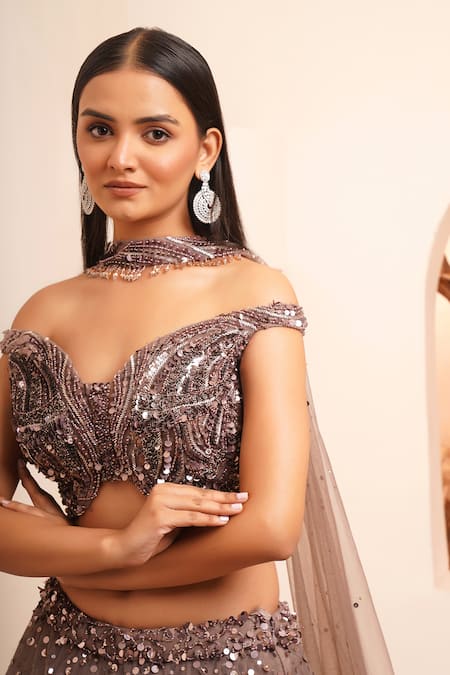 Shop_Chaashni By Maansi And Ketan_Brown Net Sequins, Pearls, Stones, Cut Cutdana Embroidered Gradient Lehenga Set_Online_at_Aza_Fashions