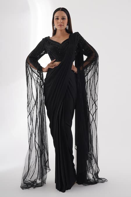 Chaashni by Maansi and Ketan Black Net Embroidered Solid Pre-draped Saree With Embellished Cape Sleeve Blouse