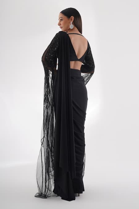 Shop_Chaashni By Maansi And Ketan_Black Net, Lycra Solid Pre-draped Saree With Embellished Cape Sleeve Blouse _at_Aza_Fashions