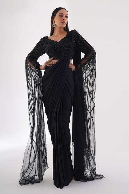 Chaashni By Maansi And Ketan_Black Net, Lycra Solid Pre-draped Saree With Embellished Cape Sleeve Blouse _Online_at_Aza_Fashions