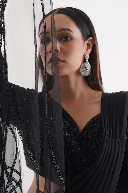 Buy_Chaashni By Maansi And Ketan_Black Net, Lycra Solid Pre-draped Saree With Embellished Cape Sleeve Blouse _Online_at_Aza_Fashions