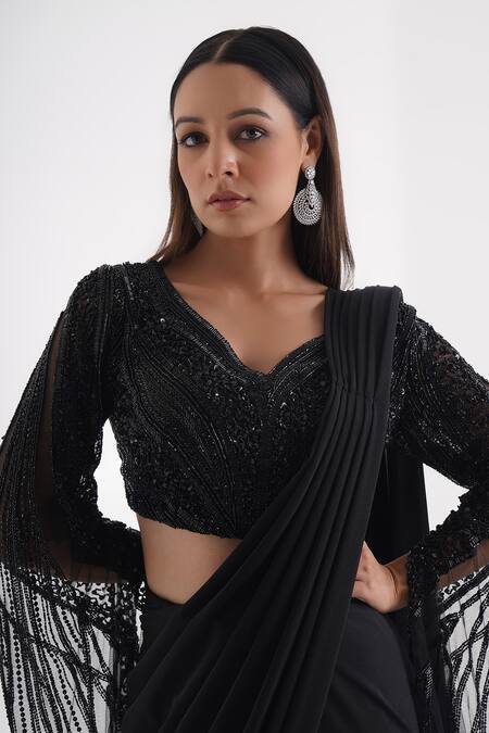Shop_Chaashni By Maansi And Ketan_Black Net, Lycra Solid Pre-draped Saree With Embellished Cape Sleeve Blouse _Online_at_Aza_Fashions
