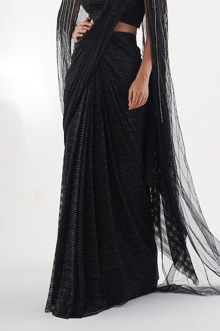 Chaashni By Maansi And Ketan Black Lycra, Net Sequins, Cutdana Embellished Cape Textured Pre-draped Saree Set Online at Aza Fashions Chaashni By Maansi And Ketan_Black Lycra, Net Sequins, Cutdana Embellished Cape Textured Pre-draped Saree Set _Online_at_Aza_Fashions