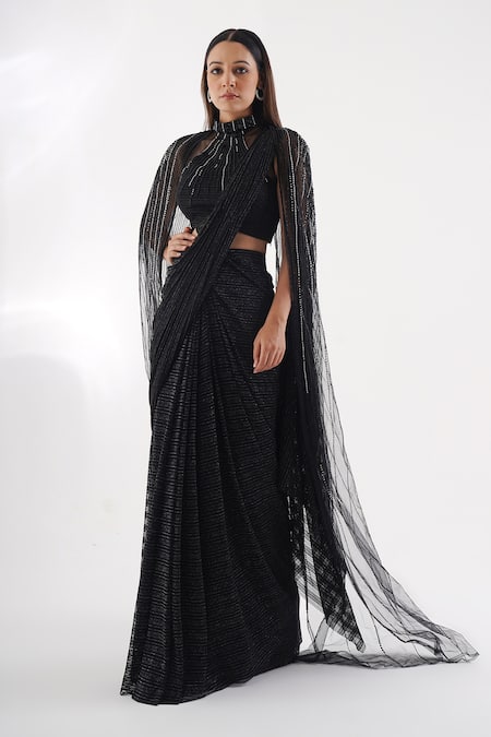 Buy Chaashni By Maansi And Ketan Black Lycra, Net Sequins, Cutdana Embellished Cape Textured Pre-draped Saree Set Online at Aza Fashions Buy_Chaashni By Maansi And Ketan_Black Lycra, Net Sequins, Cutdana Embellished Cape Textured Pre-draped Saree Set _Online_at_Aza_Fashions