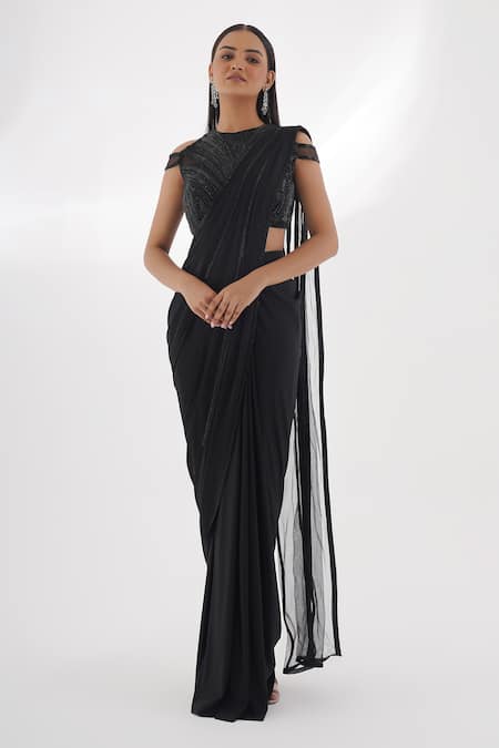 Chaashni by Maansi and Ketan Black Net Embroidered Cut Dana Round Embellished Pre-draped Saree With Blouse